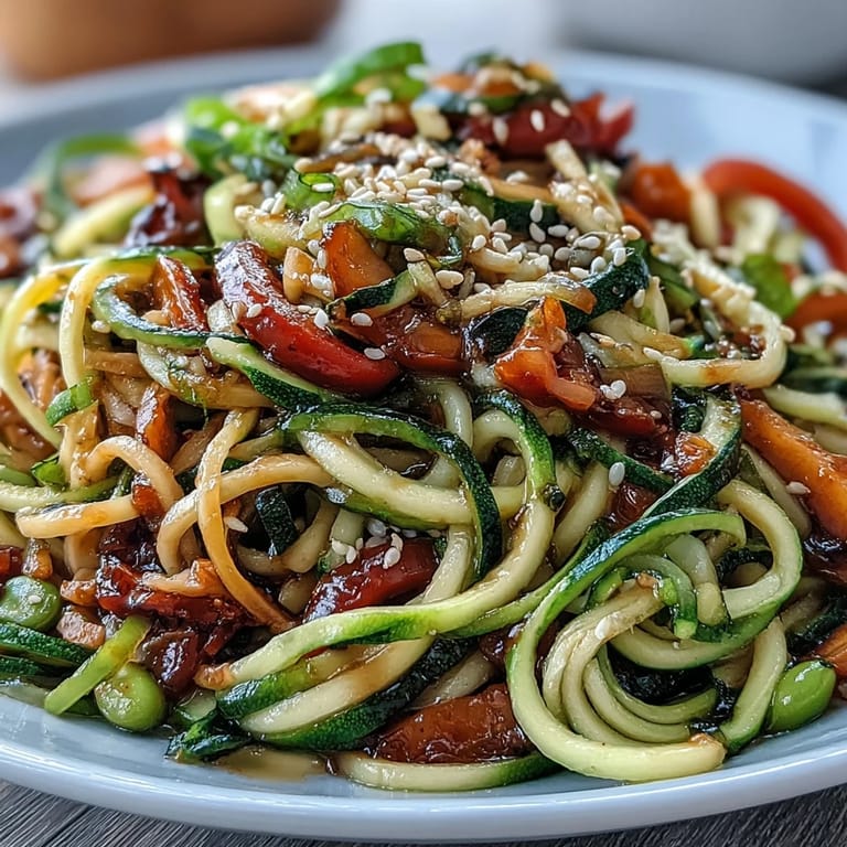 Wholesome Healthy Easy Zucchini Noodle Stir Fry served in bowls, garnished with sesame seeds and fresh herbs for a nourishing meal.