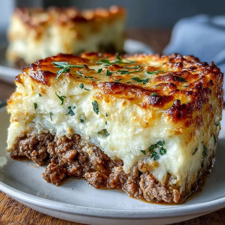 Fluffy russet potatoes loaded with savory ground beef, peas, carrots, and celery, topped with rich mashed potatoes and fresh parsley.