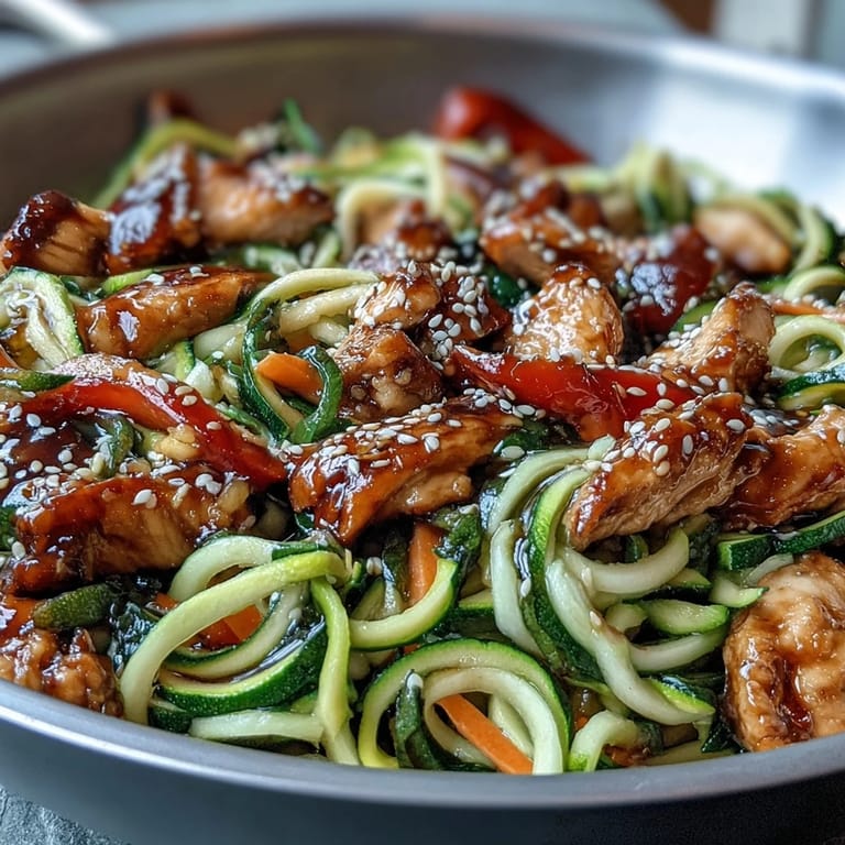 Healthy Easy Zucchini Noodle Stir Fry with Chicken - a vibrant, low-carb dish with juicy chicken, fresh zucchini noodles, and crunchy vegetables in a flavorful, gluten-free stir fry sauce.
