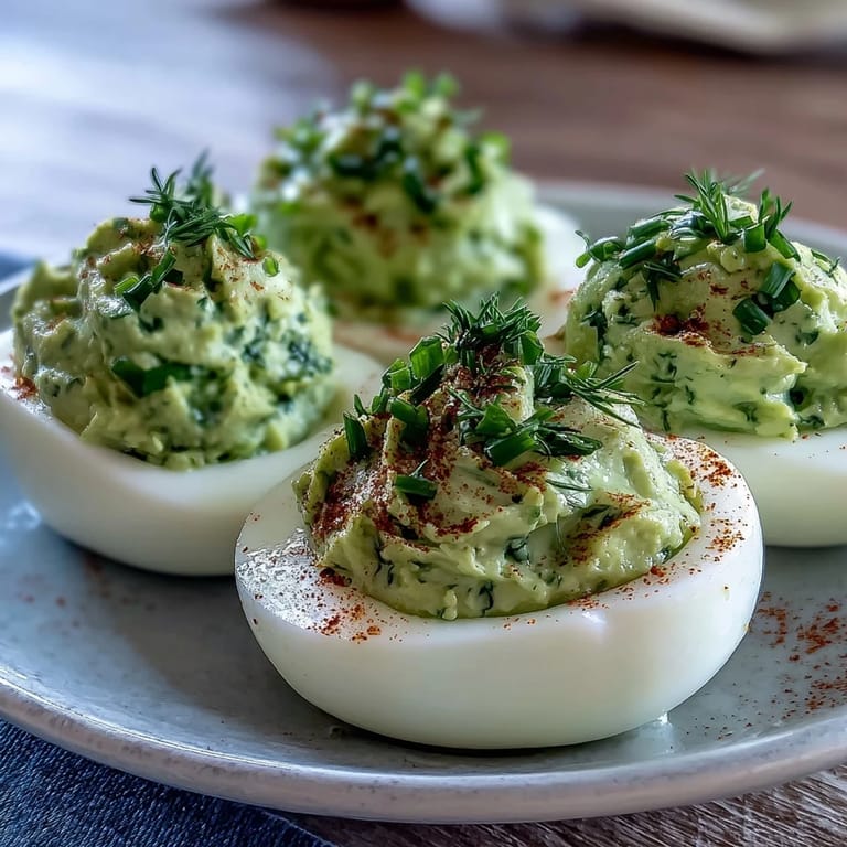 Creamy avocado deviled eggs with fresh dill and chives, offering a fresh, healthy twist on a classic party favorite.
