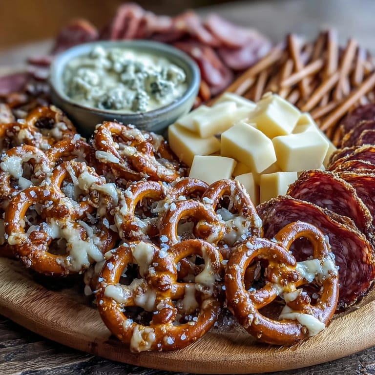 Game Day Baseball Snack Board with Pretzels and Dips: Crowd-pleasing snack board with soft pretzels, cubed cheeses, salami, and colorful vegetables, ideal for sports parties.