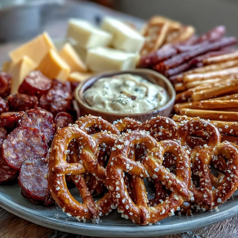 Game Day Baseball Snack Board with Pretzels and Dips: Cheer-worthy spread featuring pretzel bites, beer cheese, honey mustard, and crunchy veggies for festive game day gatherings.  