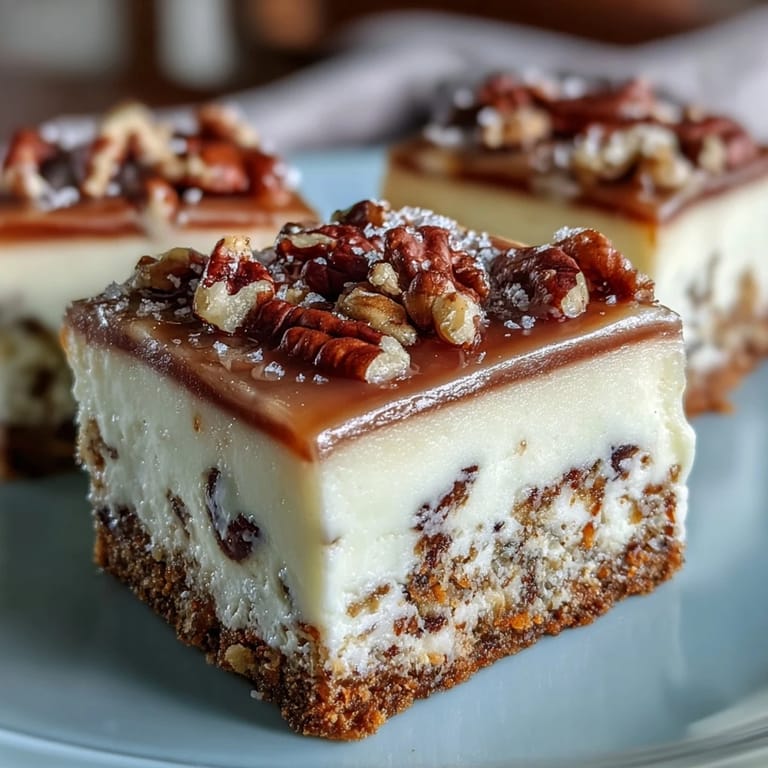 Decadent Carrot Cake Cheesecake Bars featuring a rich cream cheese layer swirled into spiced carrot cake, topped with crunchy nuts.