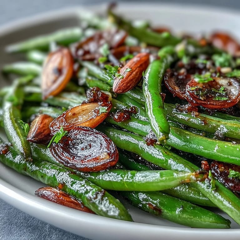 Tender green beans roasted to perfection with garlic, finished with lemon zest and toasted almonds for a flavorful vegetable side.