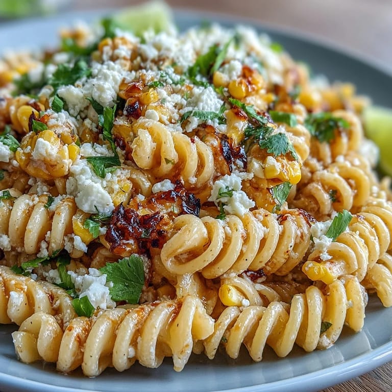 A hearty bowl of Elote Corn Pasta with Cotija, combining sweet corn, smoky spices, and crumbly cheese for a crowd-pleasing dish.