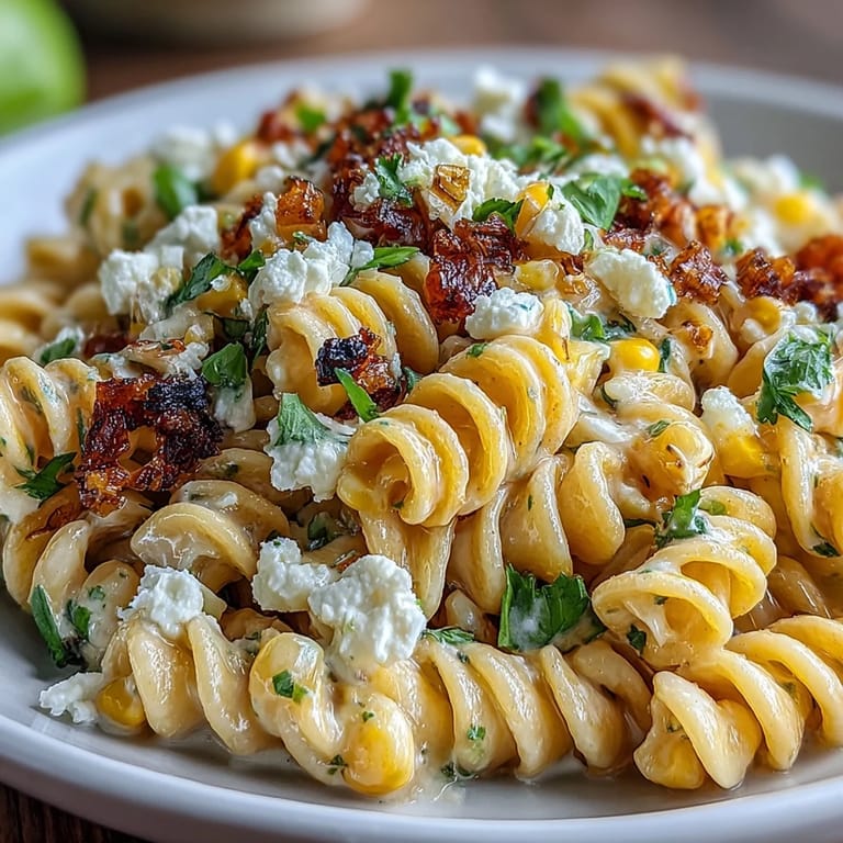 Bright and colorful Elote Corn Pasta with Cotija, garnished with fresh cilantro and lime wedges for a zesty finish.  