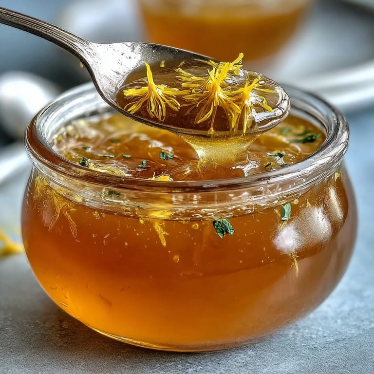 Bright dandelion jelly with fresh lemon and honey, glowing in a sunlit jar with a fresh dandelion blossom on the side.