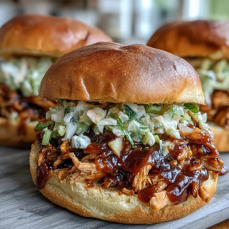 3. Tender shredded BBQ chicken smothered in smoky sauce, layered onto buns and finished with crunchy coleslaw for a classic American sandwich.