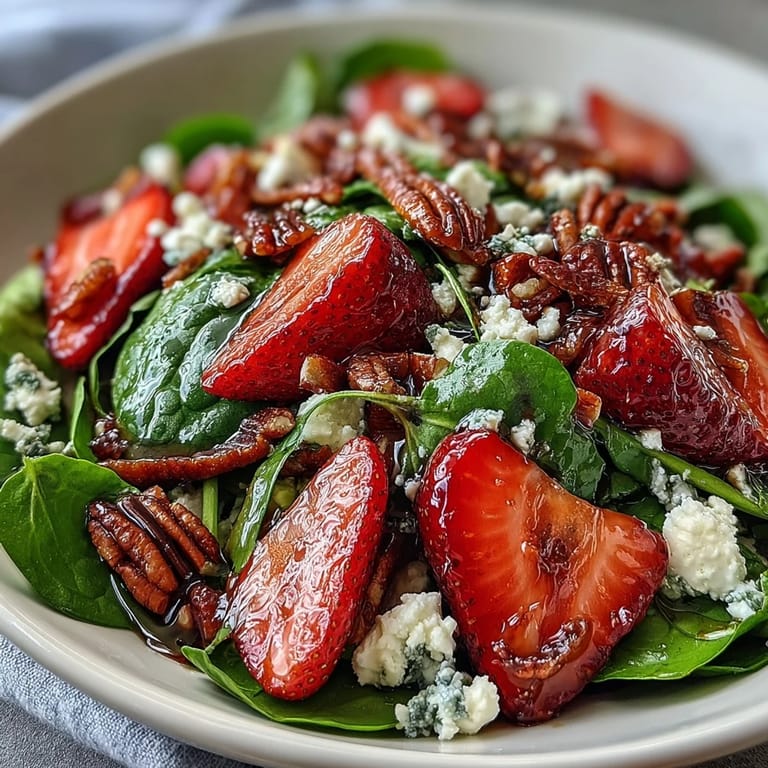 Bright spring salad featuring juicy strawberries, baby spinach, and candied pecans, topped with crumbled goat cheese and a honey-balsamic dressing.