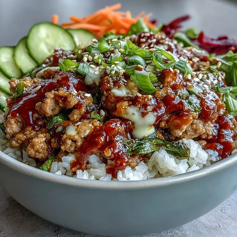 A close-up view of vibrant Spicy Bang Bang Turkey Rice Bowls with sliced cucumbers and lime wedges for serving.