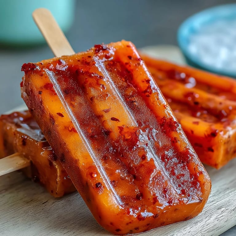 Juicy mango chamoy popsicles featuring a spicy Tajin coating, perfect for summer.
