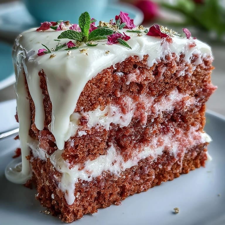 A slice of luscious Bridal Shower Rosé Velvet Cake reveals its delicate pink layers.