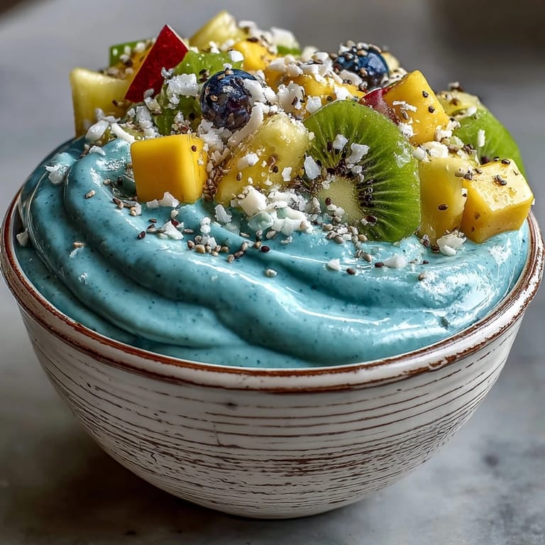 Artfully arranged tropical fruits crown a creamy, nutrient-rich blue spirulina smoothie bowl.
