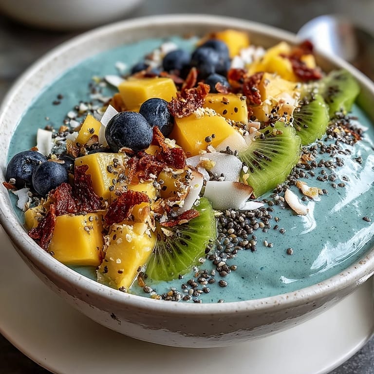 Taste paradise: a chilled blue spirulina smoothie bowl, brimming with fresh fruit.