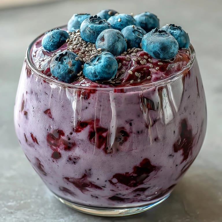Vibrant kefir smoothie showcasing blueberries and flaxseed, a refreshing post-workout treat.