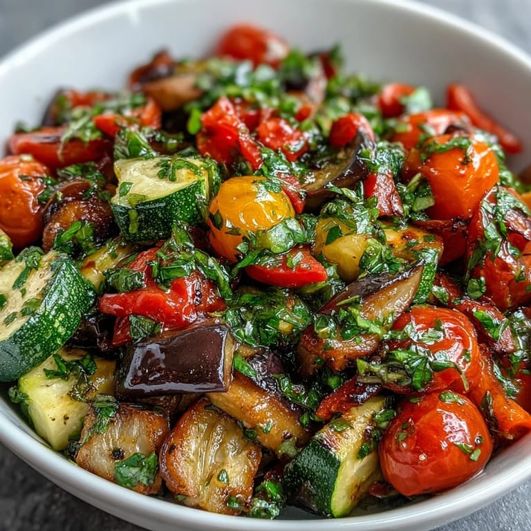 Vibrant summer Fresh Ratatouille Salad featuring tender sautéed and raw vegetables.
