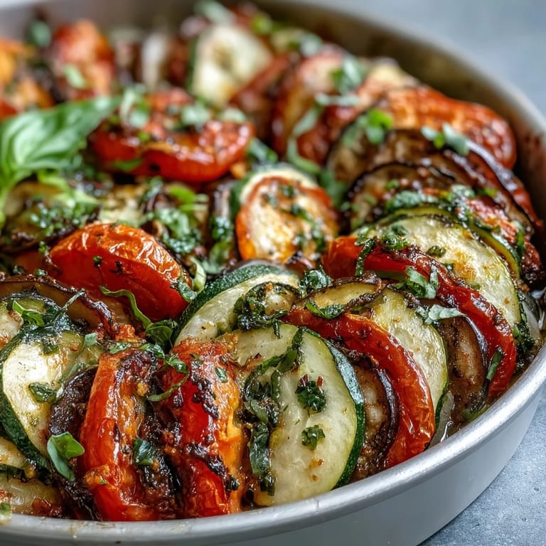 Vibrant oven-baked Classic French Vegetable Tian, showcasing tender zucchini, eggplant, and tomato.