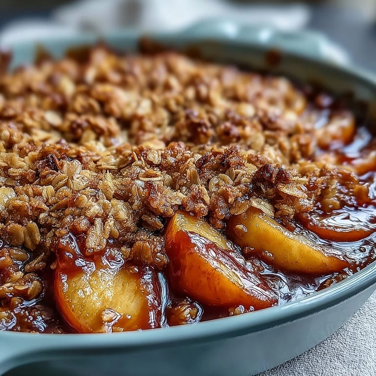 Delicious Miso Caramel Peach Crisp, perfect with a scoop of ice cream.
