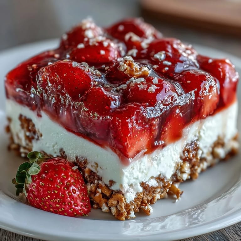 Creamy, fruity Strawberry Pretzel Jello Salad with a delightful, crisp crust.