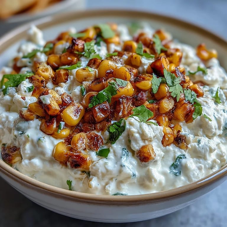 Cheesy Cottage Cheese Queso featuring smoky roasted corn, ready for party time.