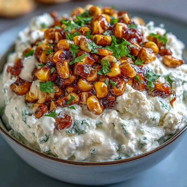 Healthy Cottage Cheese Queso topped with fresh corn and cilantro, a delicious appetizer.
