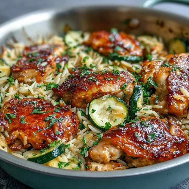 Golden brown chicken and vibrant zucchini in a beautiful One-Pan Lemon Chicken and Zucchini Orzo.