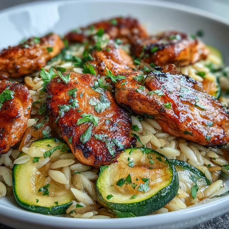 Easy One-Pan Lemon Chicken and Zucchini Orzo, garnished with fresh parsley and cheese.