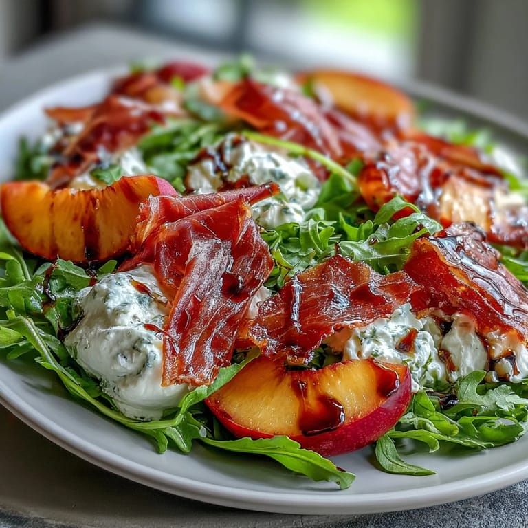 A delicious summer Peach Burrata Prosciutto Salad, ready in 15 minutes.
