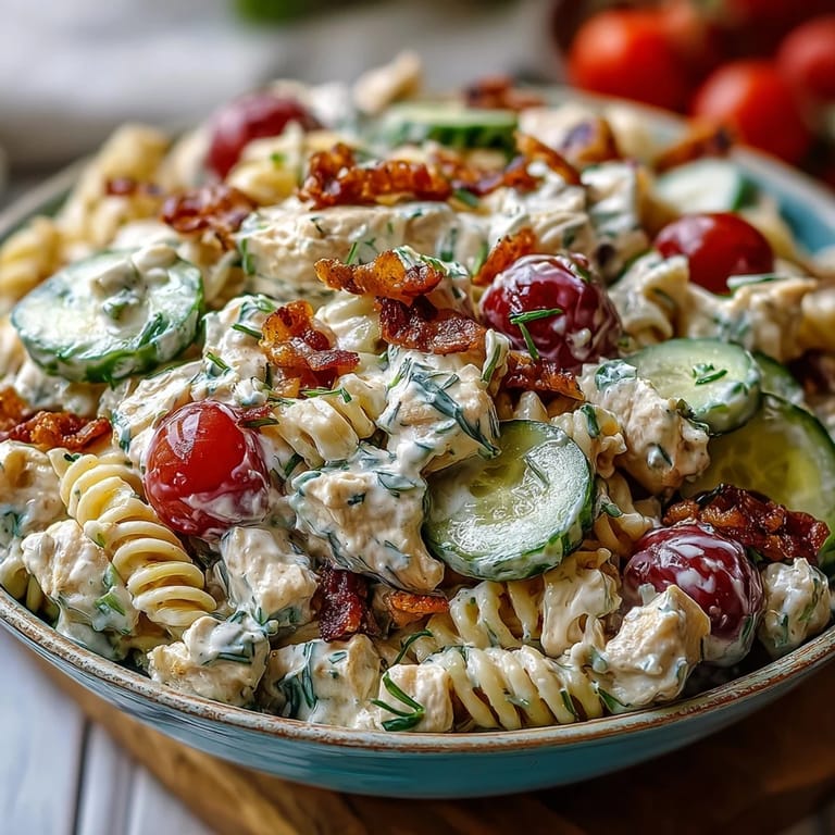 A hearty portion of creamy chicken bacon ranch pasta salad perfect for a picnic.