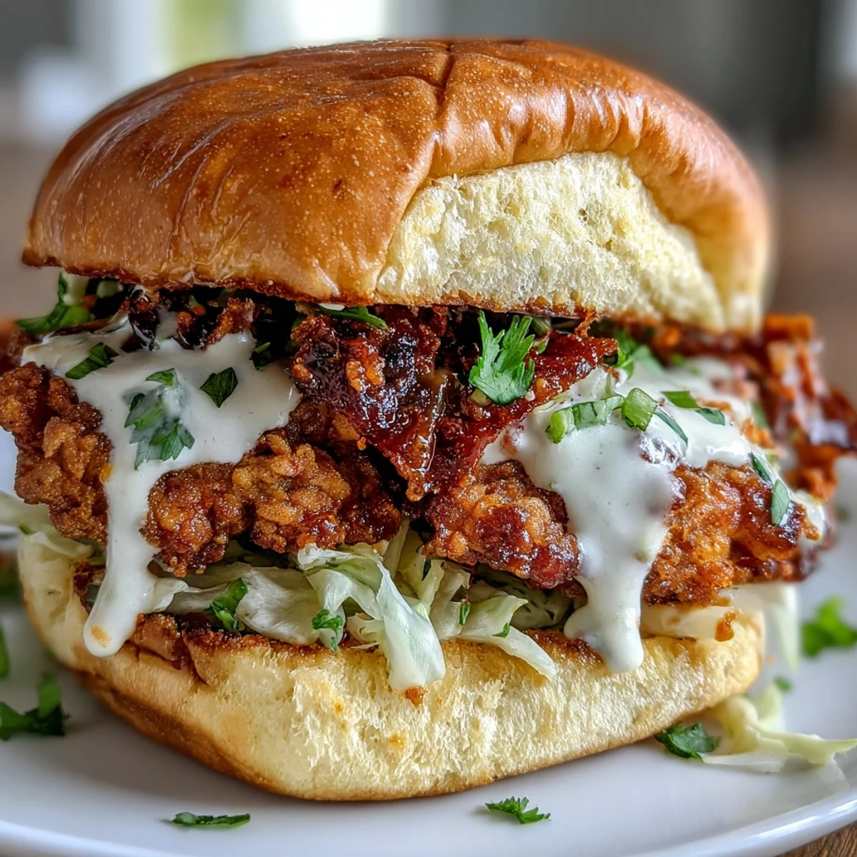 Golden-brown Thai Fried Chicken Sandwich on a toasted brioche bun, layered with crunchy cabbage and vibrant pickled carrots.