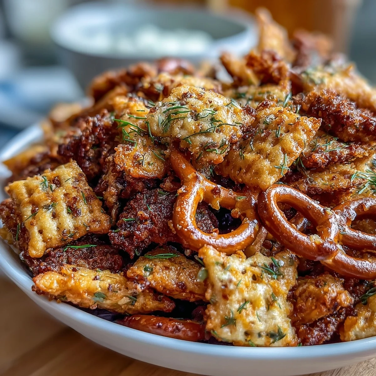 Crispy dill pickle Chex Mix with crunchy cereals, pretzels, and bagel chips coated in zesty seasoning.