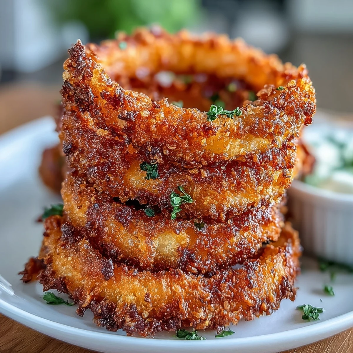 Crispy baked onion rings with golden panko coating served alongside smoky paprika dip for a healthier appetizer.  