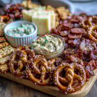 Game Day Baseball Snack Board with Pretzels and Dips: A vibrant platter of soft pretzels, assorted dips, and savory snacks, perfect for sharing during the big game.  