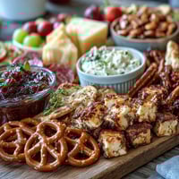 Festive grad party snack board with sweet and savory bites arranged for colorful, crowd-pleasing celebration.