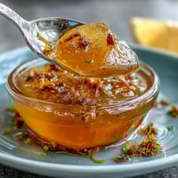 Vibrant dandelion jelly with fresh lemon and honey, spread on warm buttered toast in a cozy kitchen setting.