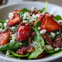 Spring strawberry spinach salad with creamy goat cheese and candied pecans, tossed in tangy balsamic vinaigrette for a vibrant, refreshing dish.