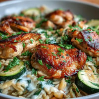 One-Pan Lemon Chicken and Zucchini Orzo with tender chicken, bright zucchini, and savory pasta.