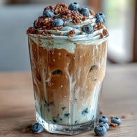 Creamy cold foam crowns a vibrant blueberry muffin iced coffee.